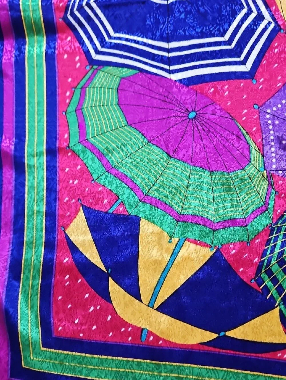 Vibrant Umbrella Print Silk-Feel Scarf - Pink, Purple & Green